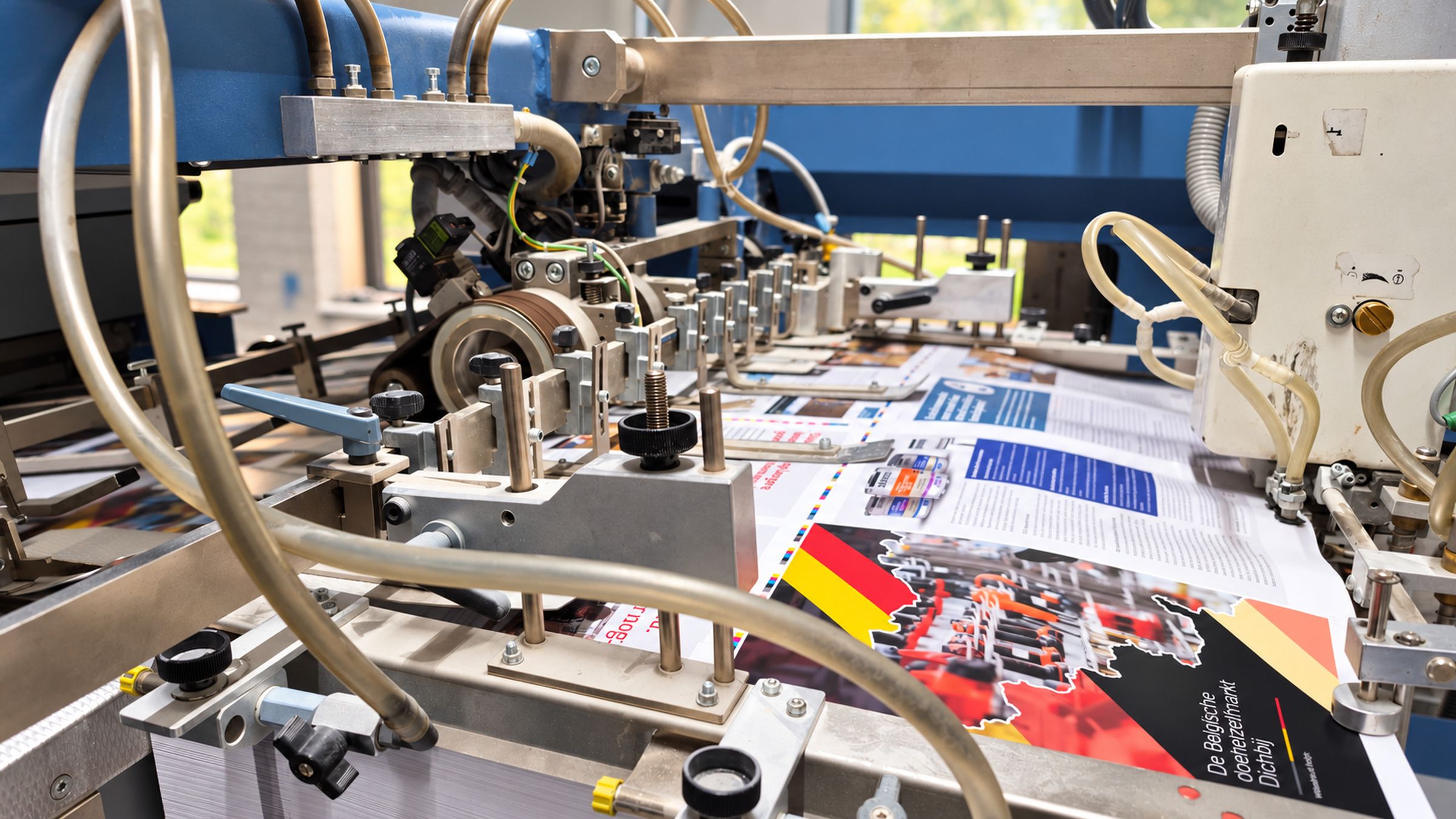 Drukmachine met gedrukte brochures