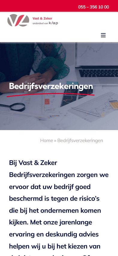 Mobiele homepage van Vast & Zeker Bedrijfsverzekeringen