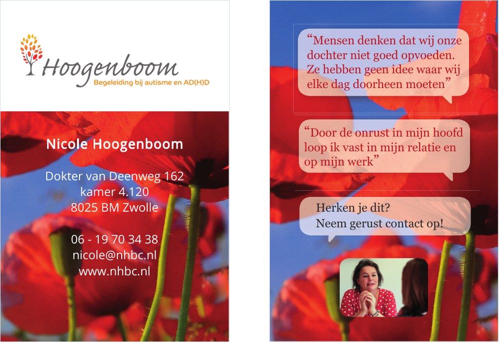Voor- en achterkant van het visitekaartje van Nicole Hoogenboom Coaching