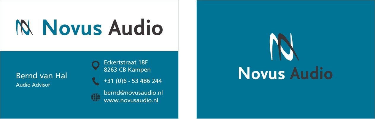 Voor- en achterkant van het visitekaartje van Novus Audio